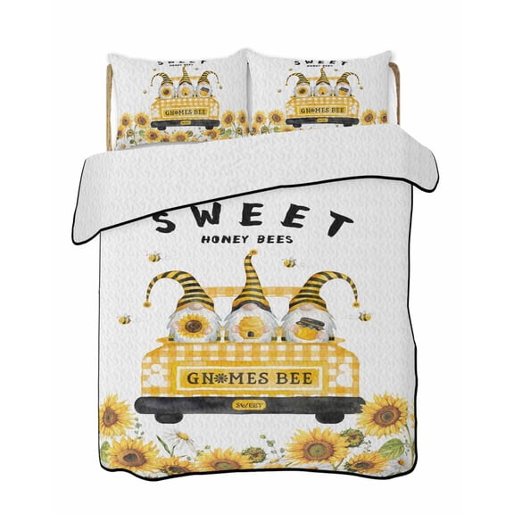 Quilts King Size Bedding Set, Gnomes Sunflowers Lightweight Quilted Comforter, Country Yellow Floral Bees Daisy Soft Reversible Bedspread Coverlet with Pillow Covers for All Season, 96" x 106"