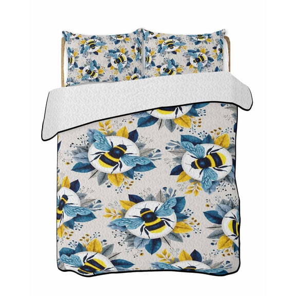 Quilts King Size Bedding Set, Gray Bees Farmhouse Lightweight Quilted Comforter, Spring Summer Botanical Flowers Soft Reversible Bedspread Coverlet with Pillow Covers for All Season, 96" x 106"