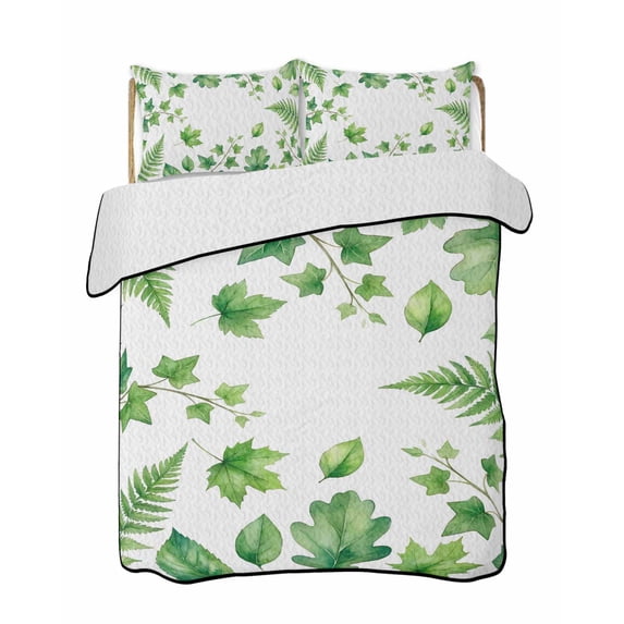 Quilts King Size Bedding Set, Green Botanical Lightweight Quilted Comforter, Spring Ivy Ferns Leaves Plants Soft Reversible Bedspread Coverlet with Pillow Covers for All Season, 96" x 106"