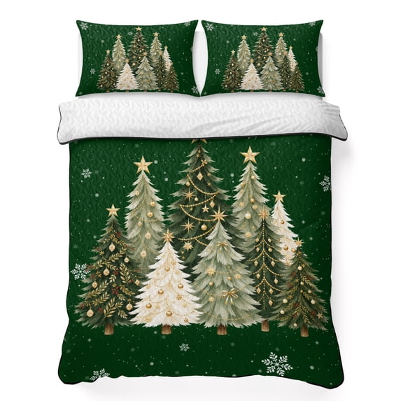 Quilts King Size Bedding Set, Green Christmas Lightweight Quilted Comforter, Xmas Snowflake Trees Balls Winter Rustic Soft Reversible Bedspread Coverlet with Pillow Covers for All Season, 96" x 106"