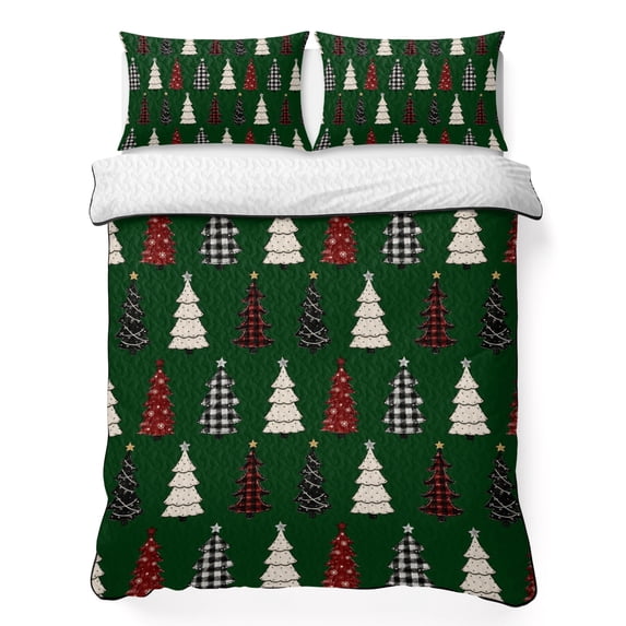 Quilts King Size Bedding Set, Green Christmas Lightweight Quilted Comforter, Xmas Trees Snowflakes Plaid Dots Rustic Soft Reversible Bedspread Coverlet with Pillow Covers for All Season, 96" x 106"