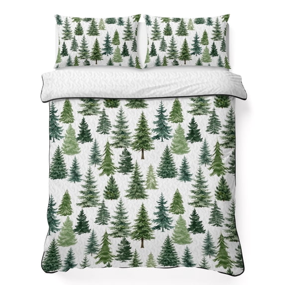 Quilts King Size Bedding Set, Green Christmas Tree Lightweight Quilted Comforter, Winter Xmas Pine Tree Rustic Forest Soft Reversible Bedspread Coverlet with Pillow Covers for All Season, 96" x 106"