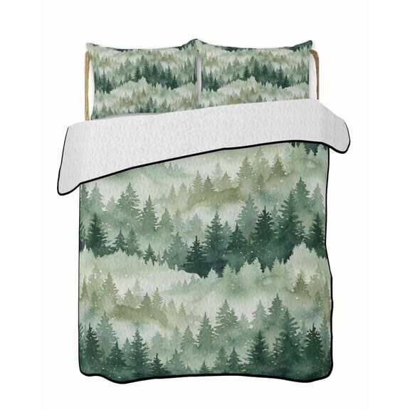 Quilts King Size Bedding Set, Green Forest Lightweight Quilted Comforter, Green Ombre Trees Abstract Art Soft Reversible Bedspread Coverlet with Pillow Covers for All Season, 96" x 106"