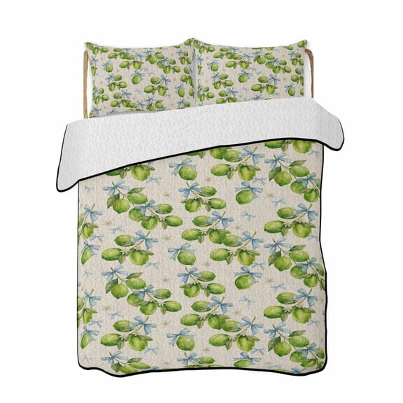 Quilts King Size Bedding Set, Green Lemons Lightweight Quilted Comforter, Summer Watercolor Blue Bows Fruits on Linen Soft Reversible Bedspread Coverlet with Pillow Covers for All Season, 96" x 106"
