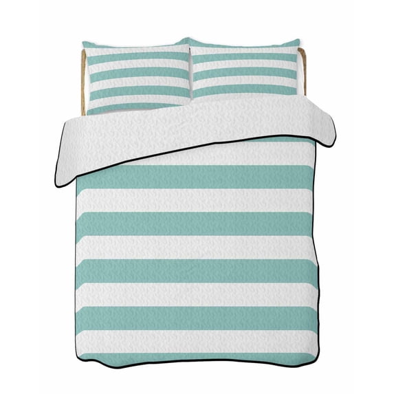 Quilts King Size Bedding Set, Green Stripes Lightweight Quilted Comforter, Simple Green White Texture Soft Reversible Bedspread Coverlet with Pillow Covers for All Season, 96" x 106"