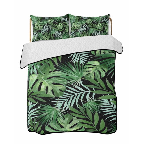 Quilts King Size Bedding Set, Green Tropical Botanical Lightweight Quilted Comforter, Summer Monstera Palm Leaves Black Reversible Bedspread Coverlet with Pillow Covers for All Season, 96" x 106"