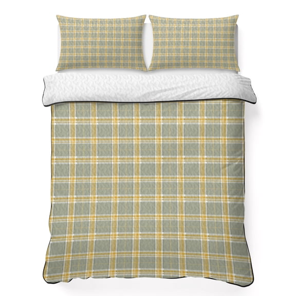 Quilts King Size Bedding Set, Green Yellow Plaid Lightweight Quilted Comforter, Farmhouse Buffalo Checkered Gingham Soft Reversible Bedspread Coverlet with Pillow Covers for All Season, 96" x 106"