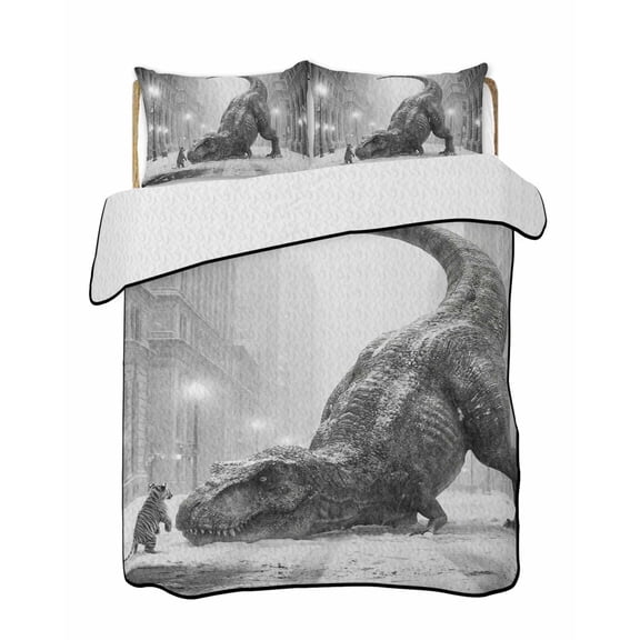 Quilts King Size Bedding Set, Grey Dinosaur Tiger Lightweight Quilted Comforter, Retro City Abstract Animals Snowy Soft Reversible Bedspread Coverlet with Pillow Covers for All Season, 96" x 106"