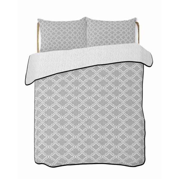 Quilts King Size Bedding Set, Grey Morocco Lightweight Quilted Comforter, Modern Abstract Classic Geometric Textured Soft Reversible Bedspread Coverlet with Pillow Covers for All Season, 96" x 106"