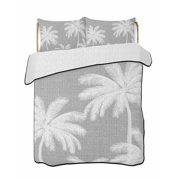 Quilts King Size Bedding Set, Grey Palm Trees Lightweight Quilted Comforter, Farmhouse Tropical Summer Beach Soft Reversible Bedspread Coverlet with Pillow Covers for All Season, 96" x 106"