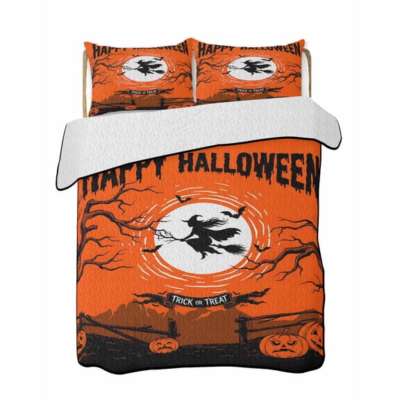 Quilts King Size Bedding Set, Halloween Lightweight Quilted Comforter, Fall Spooky Horror Witches Pumpkins Orange Soft Reversible Bedspread Coverlet with Pillow Covers for All Season, 96" x 106"