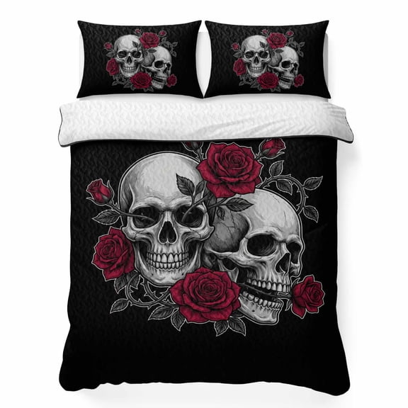 Quilts King Size Bedding Set, Halloween Lightweight Quilted Comforter, Scary White Skulls Skeleton Romantic Red Rose Soft Reversible Bedspread Coverlet with Pillow Covers for All Season, 96" x 106"