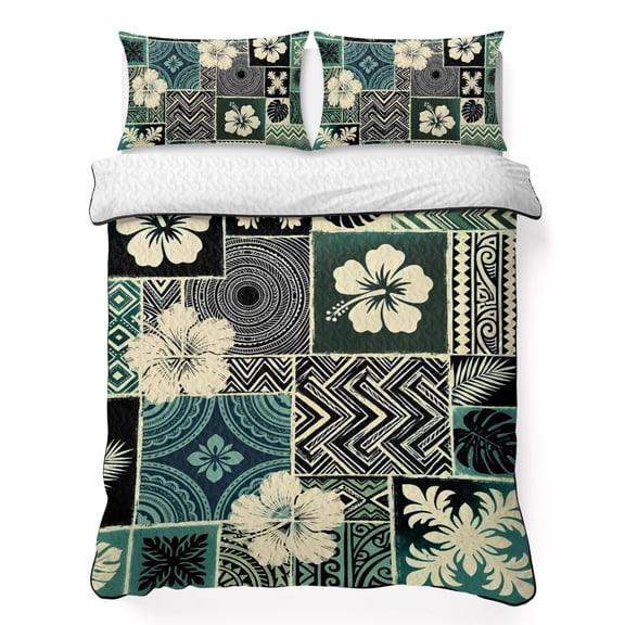 Quilts King Size Bedding Set, Hibiscus Flower Lightweight Quilted Comforter, Abstract Green Geometric Ethnic Tribal Art Reversible Bedspread Coverlet with Pillow Covers for All Season, 96" x 106"