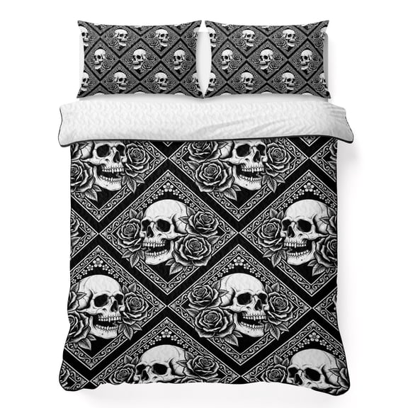 Quilts King Size Bedding Set, Horror Skull Lightweight Quilted Comforter, Black Rose Baroque Abstract Geometric Art Soft Reversible Bedspread Coverlet with Pillow Covers for All Season, 96" x 106"