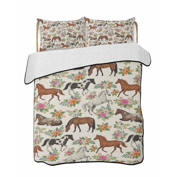 Quilts King Size Bedding Set, Horse Lightweight Quilted Comforter, Rustic Spring Floral Summer Botanical Soft Reversible Bedspread Coverlet with Pillow Covers for All Season, 96" x 106"