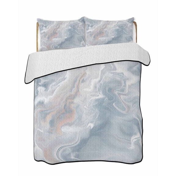 Quilts King Size Bedding Set, Light Blue Marble Lightweight Quilted Comforter, Modern Abstract Ombre Minimalism Art Soft Reversible Bedspread Coverlet with Pillow Covers for All Season, 96" x 106"