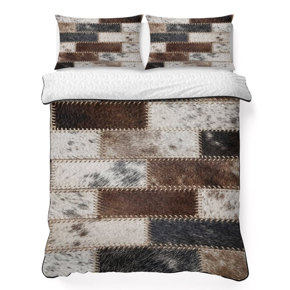 Quilts King Size Bedding Set, Modern Cow Print Lightweight Quilted Comforter, Country Patchwork Cowhide Fur Brown Grey Soft Reversible Bedspread Coverlet with Pillow Covers for All Season, 96" x 106"