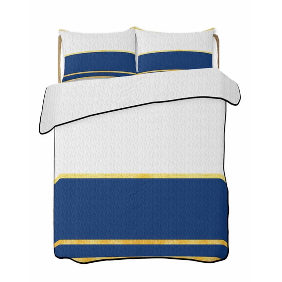 Quilts King Size Bedding Set, Modern Navy Blue Gold Lightweight Quilted Comforter, Minimalist Geometric Yellow Striped Soft Reversible Bedspread Coverlet with Pillow Covers for All Season, 96" x 106"