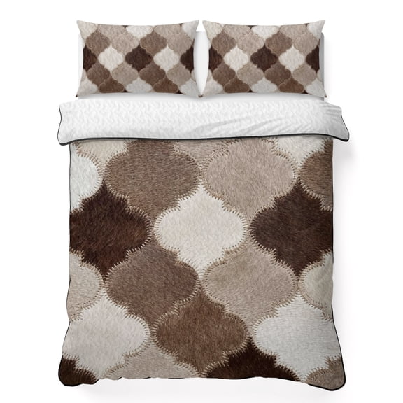 Quilts King Size Bedding Set, Moroccan Cow Print Lightweight Quilted Comforter, Farmhouse Abstract Cowhide Fur Brown Soft Reversible Bedspread Coverlet with Pillow Covers for All Season, 96" x 106"