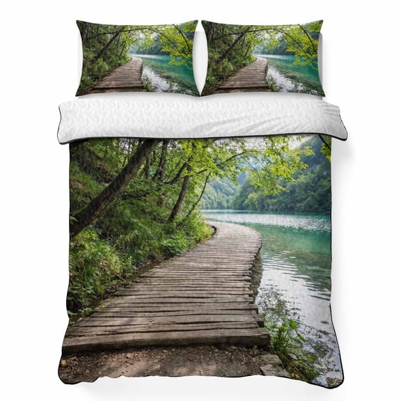 Quilts King Size Bedding Set, Nature Scenery Lightweight Quilted Comforter, Forest Walkway Lake Trees Spring View Soft Reversible Bedspread Coverlet with Pillow Covers for All Season, 96" x 106"