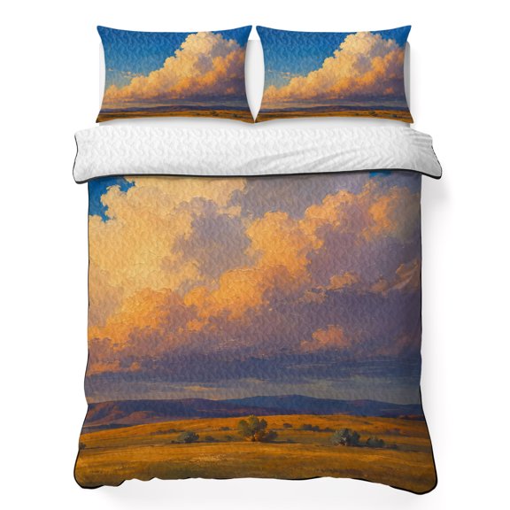 Quilts King Size Bedding Set, Nature Sky Lightweight Quilted Comforter, Farmhouse Pastoral Mountain Trees Scenery Soft Reversible Bedspread Coverlet with Pillow Covers for All Season, 96" x 106"