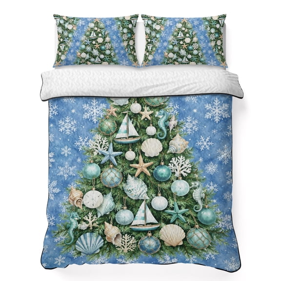 Quilts King Size Bedding Set, Nautical Christmas Tree Lightweight Quilted Comforter, Blue Snowflake Xmas Coastal Soft Reversible Bedspread Coverlet with Pillow Covers for All Season, 96" x 106"