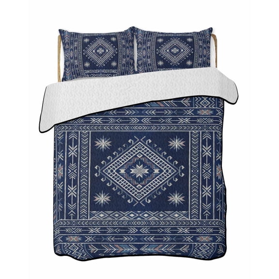 Quilts King Size Bedding Set, Navy Blue Brown Southwest Lightweight Quilted Comforter, Boho Ethnic Western Geometric Soft Reversible Bedspread Coverlet with Pillow Covers for All Season, 96" x 106"