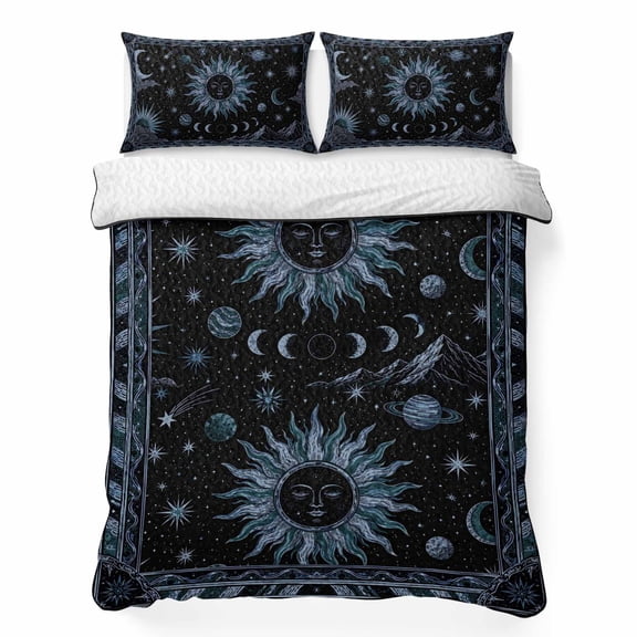 Quilts King Size Bedding Set, Navy Blue Celestial Lightweight Quilted Comforter, Mythical Sun Face Planet Universe Soft Reversible Bedspread Coverlet with Pillow Covers for All Season, 96" x 106"