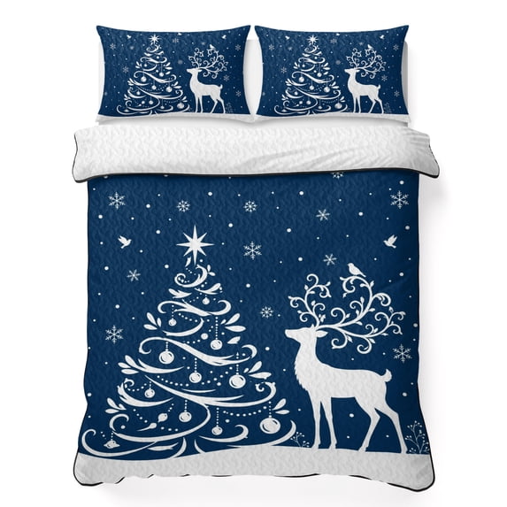 Quilts King Size Bedding Set, Navy Blue Christmas Lightweight Quilted Comforter, Xmas Tree Elk Snowflake Winter Soft Reversible Bedspread Coverlet with Pillow Covers for All Season, 96" x 106"