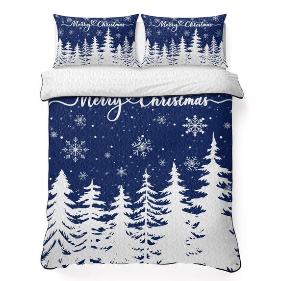 Quilts King Size Bedding Set, Navy Blue Christmas Trees Lightweight Quilted Comforter, Winter Xmas Snowflakes Pine Forest Reversible Bedspread Coverlet with Pillow Covers for All Season, 96" x 106"