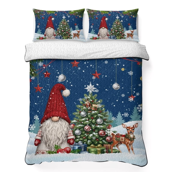 Quilts King Size Bedding Set, Navy Blue Gnomes Christmas Lightweight Quilted Comforter, Xmas Tree Elk Snowflake Balls Soft Reversible Bedspread Coverlet with Pillow Covers for All Season, 96" x 106"