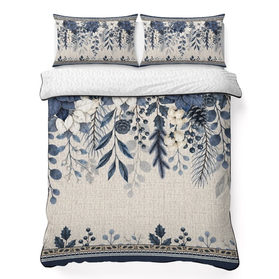 Quilts King Size Bedding Set, Navy Blue Poinsettia Christmas Lightweight Quilted Comforter, Xmas Winter Flowers Rustic Soft Reversible Bedspread Coverlet with Pillow Covers for All Season, 96" x 106"