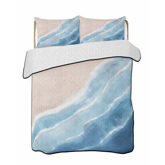 Quilts King Size Bedding Set, Navy Blue Waves Coastal Lightweight Quilted Comforter, Summer Beach Ocean Seaside Soft Reversible Bedspread Coverlet with Pillow Covers for All Season, 96" x 106"