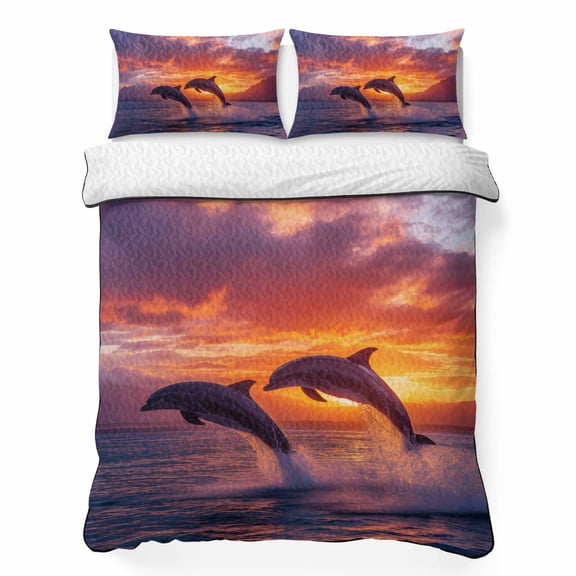 Quilts King Size Bedding Set, Ocean Dolphins Lightweight Quilted Comforter, Summer Coastal Sunset Romantic Orange Soft Reversible Bedspread Coverlet with Pillow Covers for All Season, 96" x 106"
