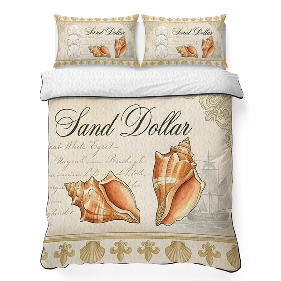Quilts King Size Bedding Set, Ocean Seashells Lightweight Quilted Comforter, Vintage Sailboats Compasses Vintage Map Soft Reversible Bedspread Coverlet with Pillow Covers for All Season, 96" x 106"