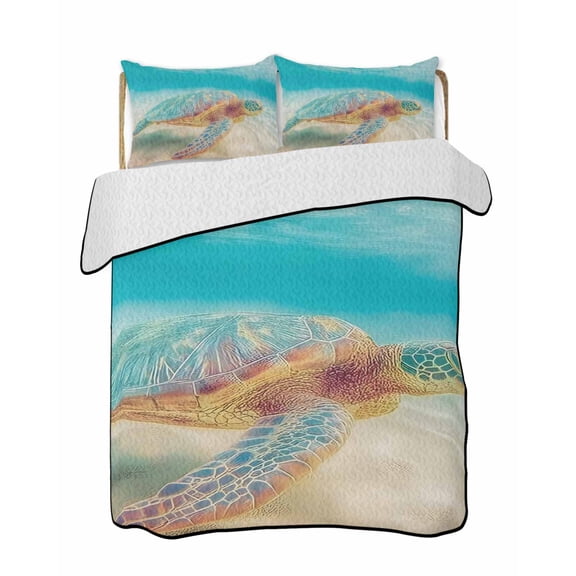 Quilts King Size Bedding Set, Ocean Turtle Lightweight Quilted Comforter, Nautical Coastal Underwater Animal Beach Blue Reversible Bedspread Coverlet with Pillow Covers for All Season, 96" x 106"
