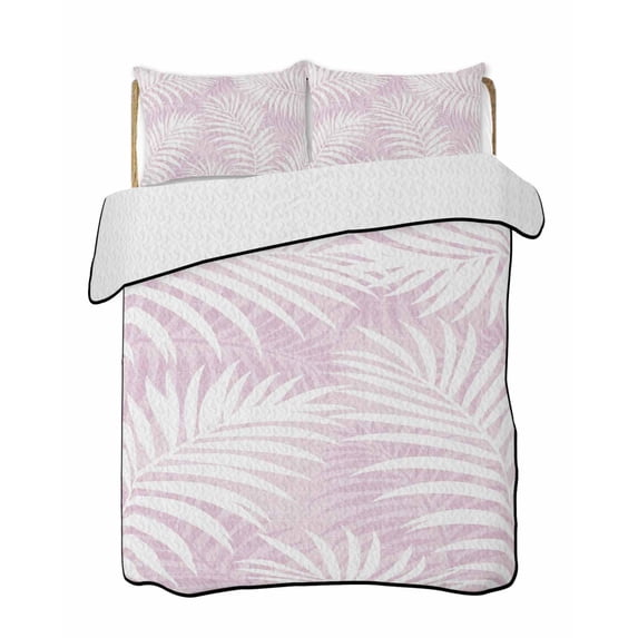 Quilts King Size Bedding Set, Palm Leaves Pink Lightweight Quilted Comforter, Summer Botanical Coastal Tropical Soft Reversible Bedspread Coverlet with Pillow Covers for All Season, 96" x 106"