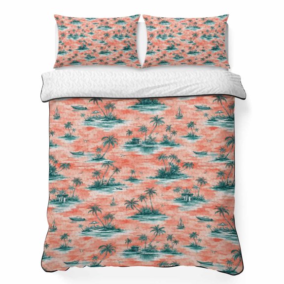 Quilts King Size Bedding Set, Palm Trees Lightweight Quilted Comforter, Summer Island Ocean Waves Pattern Rustic Soft Reversible Bedspread Coverlet with Pillow Covers for All Season, 96" x 106"