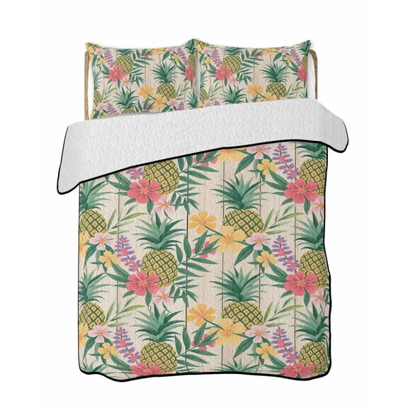 Quilts King Size Bedding Set, Pineapple Lightweight Quilted Comforter, Farmhouse Fruit Flowers Leaves Wooden Grain Soft Reversible Bedspread Coverlet with Pillow Covers for All Season, 96" x 106"