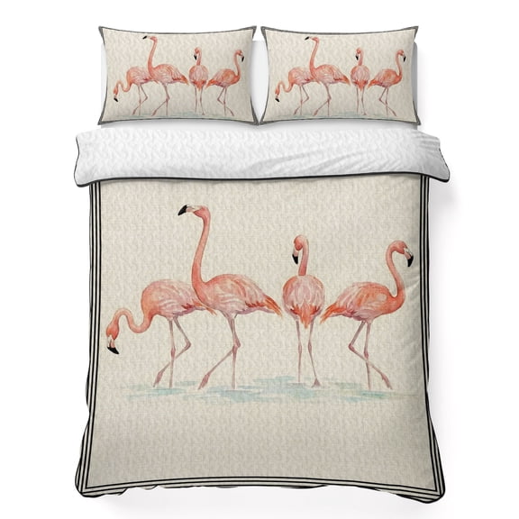 Quilts King Size Bedding Set, Pink Flamingo Rustic Lightweight Quilted Comforter, Farmhouse Vintage Flamingos Burlap Soft Reversible Bedspread Coverlet with Pillow Covers for All Season, 96" x 106"