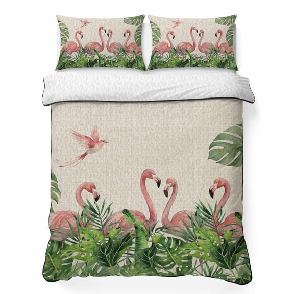 Quilts King Size Bedding Set, Pink Flamingo Rustic Lightweight Quilted Comforter, Tropical Summer Palm Leaves Burlap Soft Reversible Bedspread Coverlet with Pillow Covers for All Season, 96" x 106"