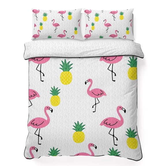 Quilts King Size Bedding Set, Pink Flamingo Tropical Lightweight Quilted Comforter, Summer Pineapple Funny Cartoon Soft Reversible Bedspread Coverlet with Pillow Covers for All Season, 96" x 106"