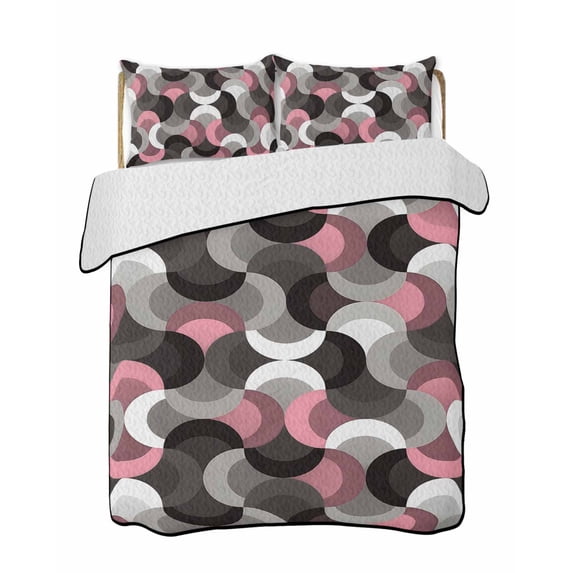 Quilts King Size Bedding Set, Pink Grey Abstract Lightweight Quilted Comforter, Modern Geometric Ombre Artwork Soft Reversible Bedspread Coverlet with Pillow Covers for All Season, 96" x 106"