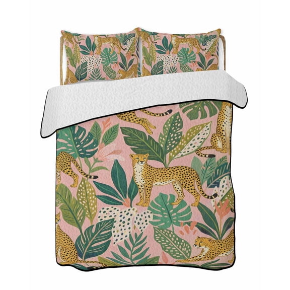 Quilts King Size Bedding Set, Pink Leopard Lightweight Quilted Comforter, Summer Botanical Tropical Leaves Soft Reversible Bedspread Coverlet with Pillow Covers for All Season, 96" x 106"