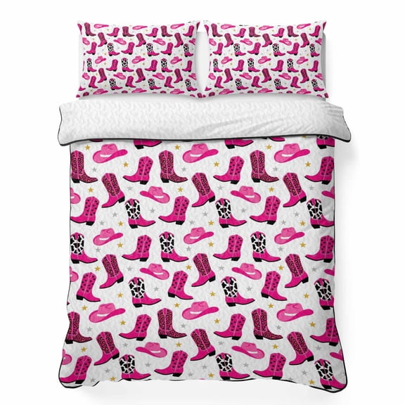 Quilts King Size Bedding Set, Pink Western Cowboys Lightweight Quilted Comforter, American Country Leopard Print Boots Soft Reversible Bedspread Coverlet with Pillow Covers for All Season, 96" x 106"