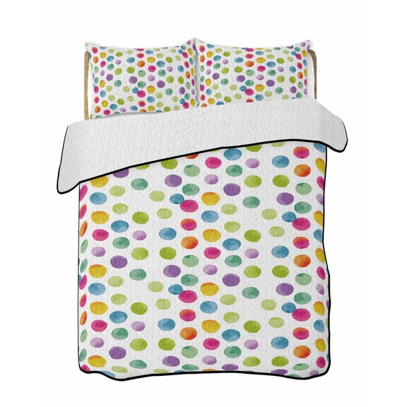 Quilts King Size Bedding Set, Polka Dots Lightweight Quilted Comforter, Children's Day Colorful Watercolor Abstract Soft Reversible Bedspread Coverlet with Pillow Covers for All Season, 96" x 106"