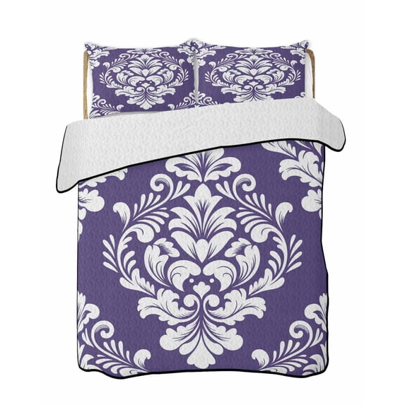 Quilts King Size Bedding Set, Purple Boho Lightweight Quilted Comforter, Vintage Classic Bohemia Flower Textured Soft Reversible Bedspread Coverlet with Pillow Covers for All Season, 96" x 106"