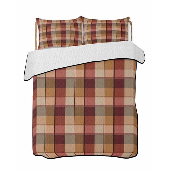 Quilts King Size Bedding Set, Red Brown Plaid Lightweight Quilted Comforter, Modern Abstract Ombre Gingham Checkered Soft Reversible Bedspread Coverlet with Pillow Covers for All Season, 96" x 106"