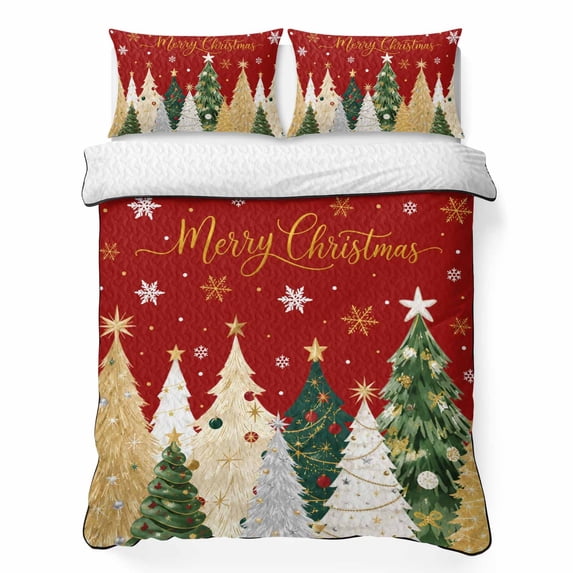 Quilts King Size Bedding Set, Red Christmas Lightweight Quilted Comforter, Gold Silver Green Pine Trees Snowflake Xmas Soft Reversible Bedspread Coverlet with Pillow Covers for All Season, 96" x 106"