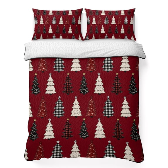 Quilts King Size Bedding Set, Red Christmas Lightweight Quilted Comforter, Xmas Trees Snowflakes Plaid Dots Winter Soft Reversible Bedspread Coverlet with Pillow Covers for All Season, 96" x 106"